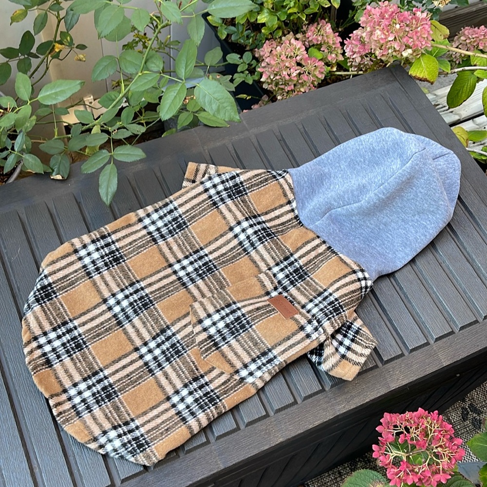 Tan Plaid Dog Shirt with Gray Hood
